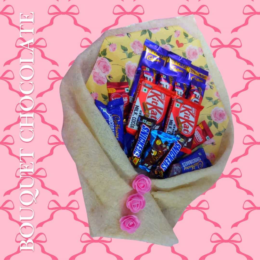 A delightful bouquet made of assorted chocolates including KitKat, Snickers, Dairy Milk, and Chocopie, wrapped elegantly with roses. Perfect for birthdays, anniversaries, or festive celebrations.